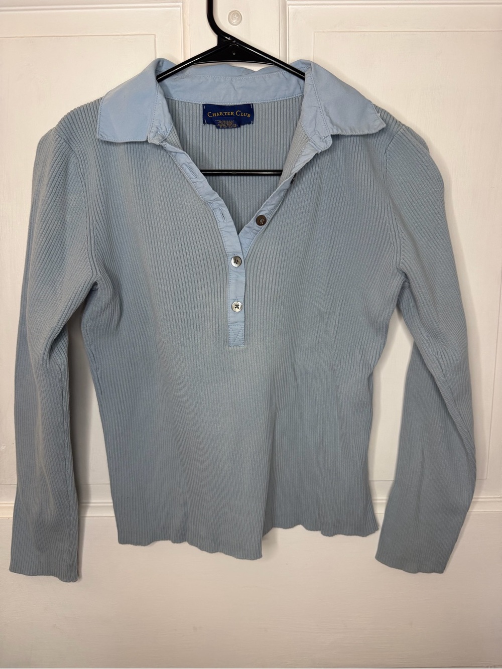 Charter Club Women's Blue Ribbed Knit Collared Button Polo Top Long Sleeve M